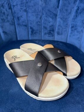 KURU Women’s Breeze Black Leather Crisscross Slides Comfort Ortho Sandals Size 8